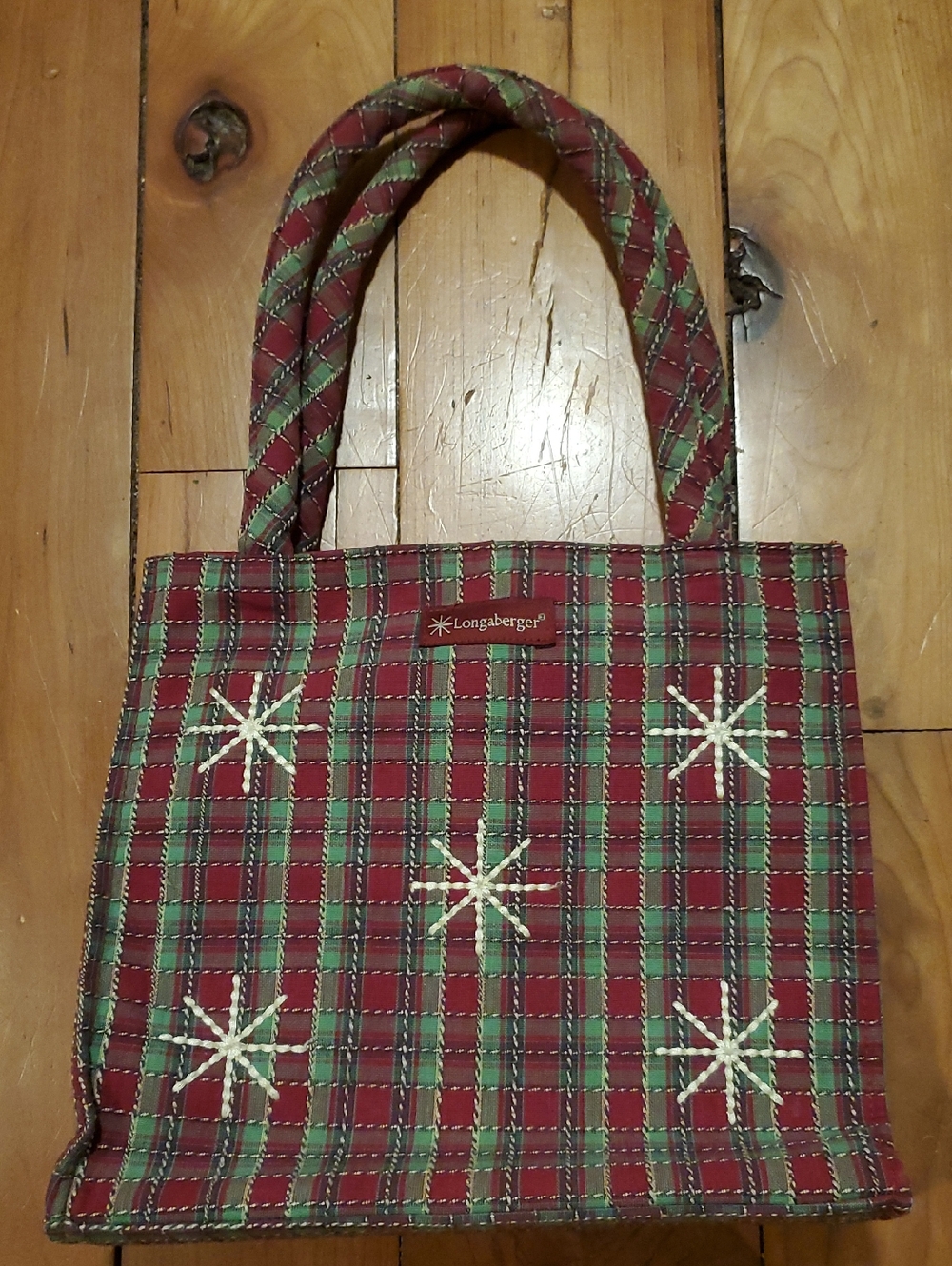 Longaberger Red & Green Plaid Tote Bag with Star Stitching
